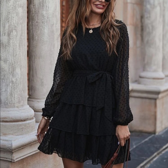 Black Swiss dot ruffle belted mini dress - Picture 5 of 7